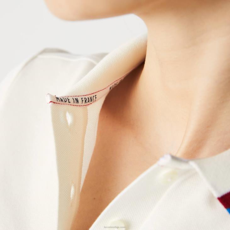 Жене маде ин Франце слим фит пикуе поло од органског памука 86882507 бело црвено плаво ккп Lacoste