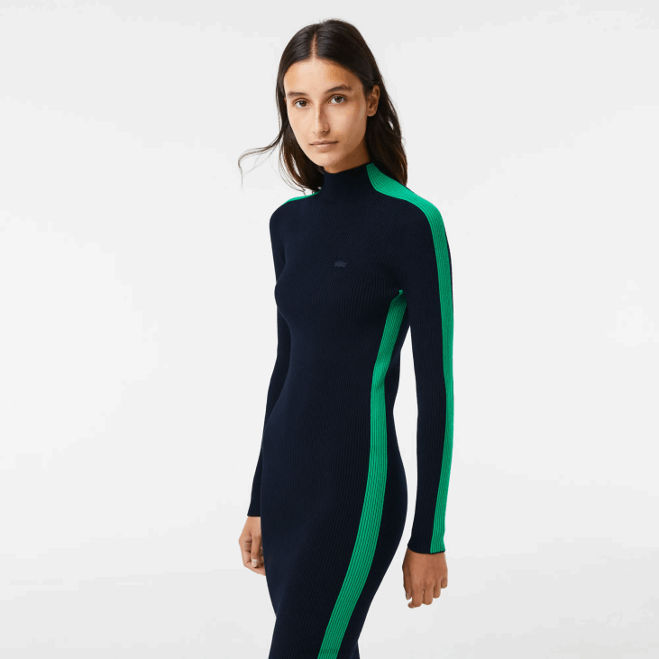 Жене хаљина од бешавне плетене траке са контрастом 86882485 тамноплава зелена 9ек Lacoste