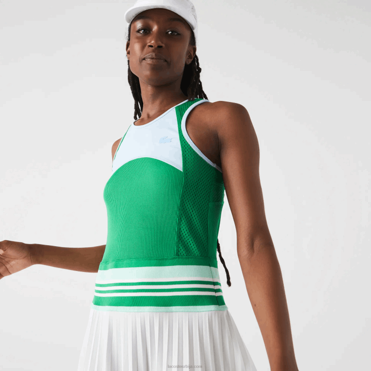 Жене плисирана цолорблоцк мајица без рукава 86882497 плава зелена бела 2ц5 Lacoste