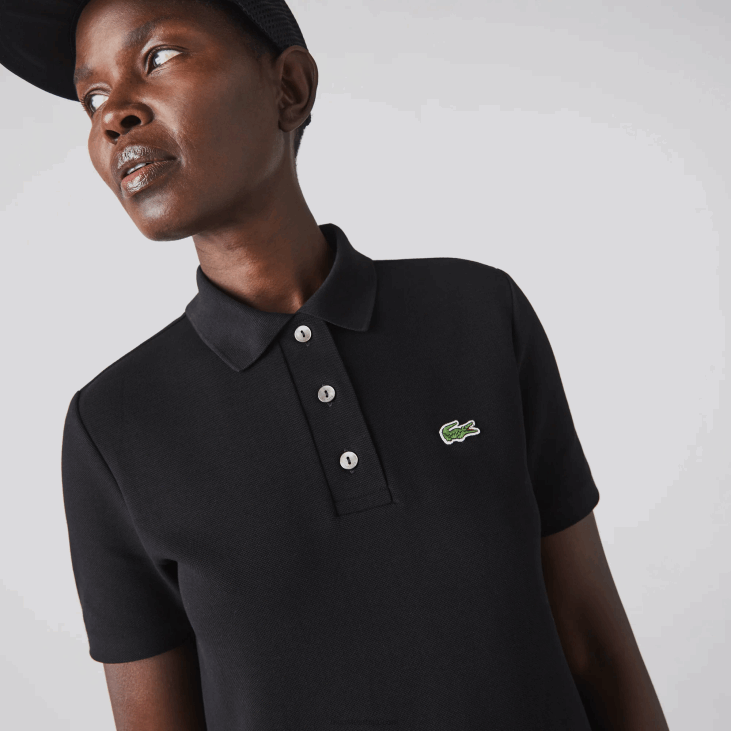 Жене Пикуе поло хаљина са трубачким рукавима 86882510 црна 031 Lacoste