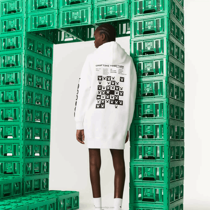 Жене ливе к минецрафт хаљина са капуљачом од органског флиса 86882521 бела 001 Lacoste