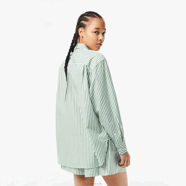 Жене пругаста памучна кошуља од поплина 86882448 бели каки зелени ви4 Lacoste