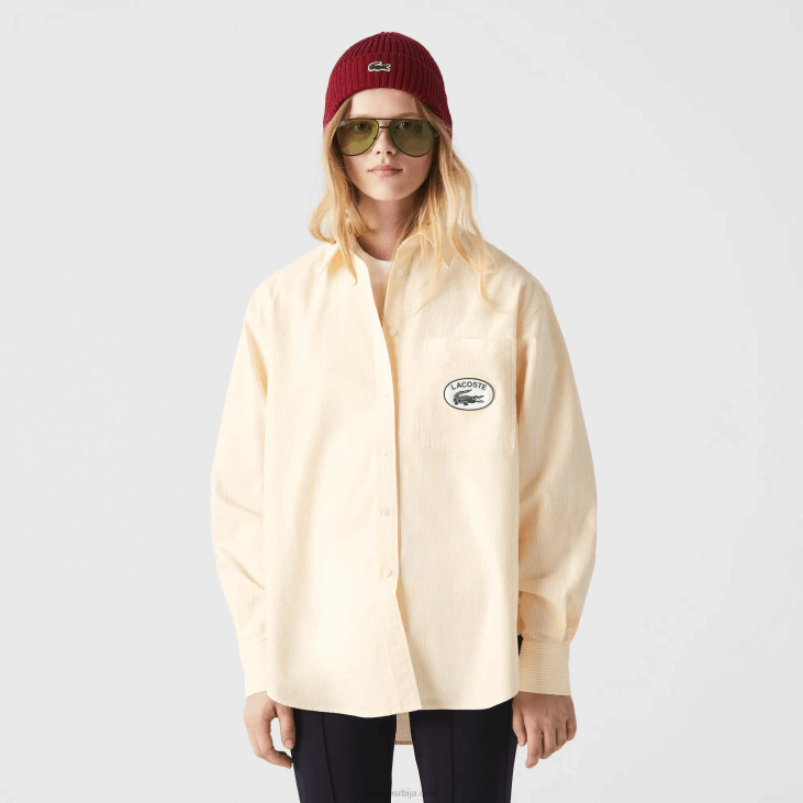 Жене Оксфорд памучна превелика кошуља 86882651 жуто бело ххф Lacoste