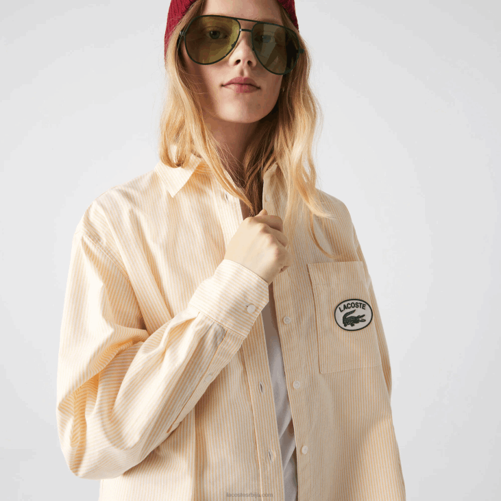 Жене Оксфорд памучна превелика кошуља 86882651 жуто бело ххф Lacoste