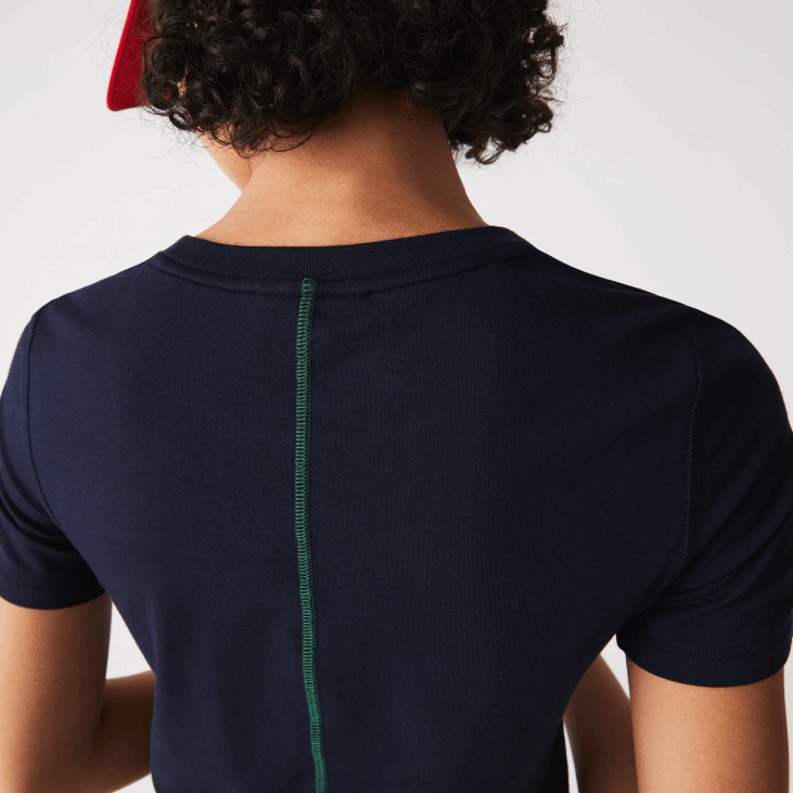 Жене мајица од мешавине памука са округлим изрезом 86882564 тамноплава 166 Lacoste