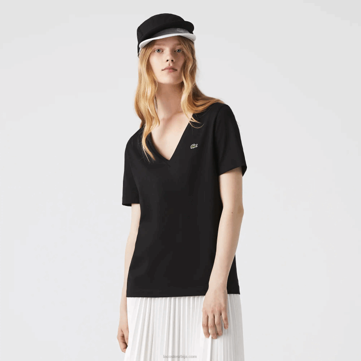 Жене слободна памучна мајица са в-изрезом 86882606 црна 031 Lacoste