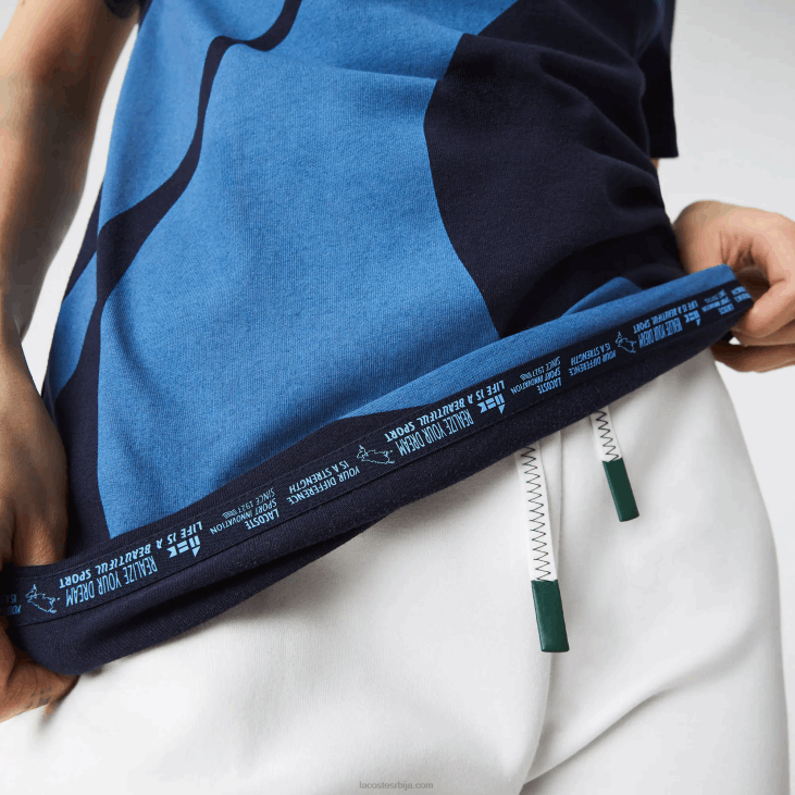 Жене спорт к тхео цурин мајица са графичким дресом 8688944 морнарско плава бела влл Lacoste