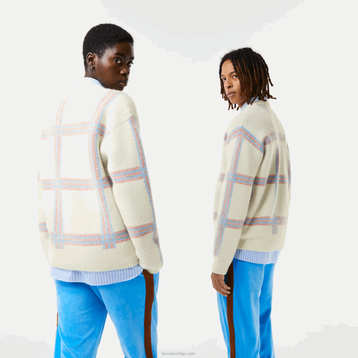 Жене опуштени џемпер са тартан узорком од мешавине вуне 86881427 бело црвено плаво 7д1 Lacoste