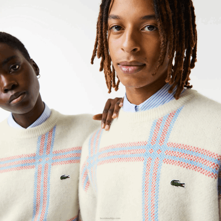 Жене опуштени џемпер са тартан узорком од мешавине вуне 86881427 бело црвено плаво 7д1 Lacoste