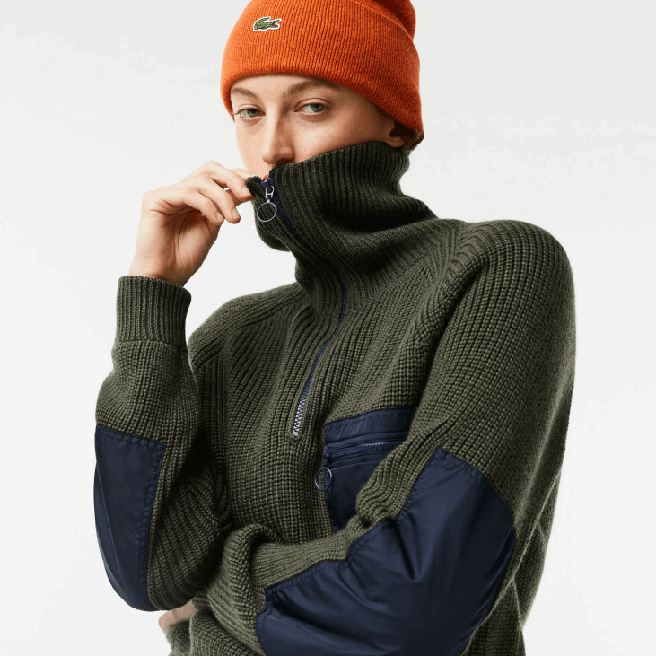 Жене џемпер са рајсфершлусом 86882656 каки зелена тамноплава у74 Lacoste