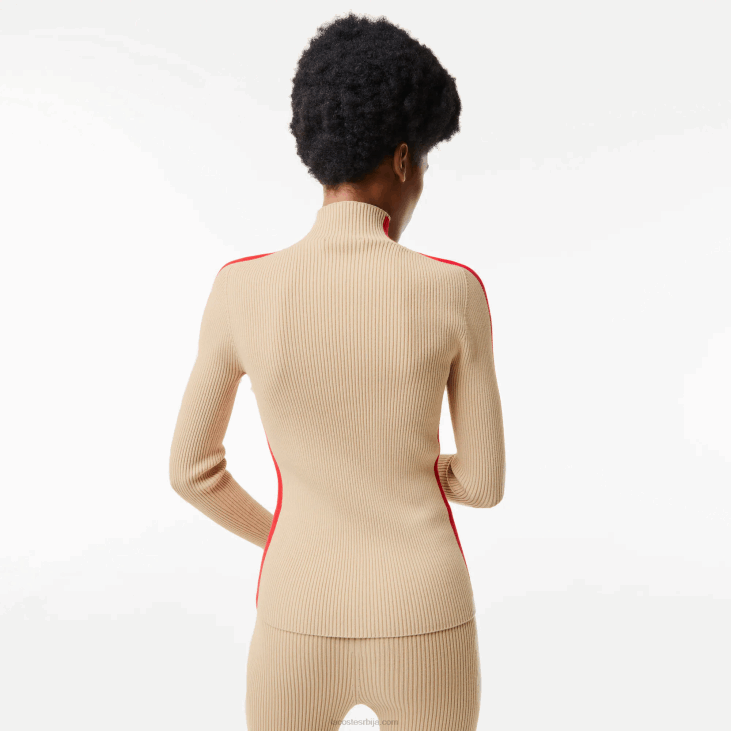 Жене контрастне траке бешавни џемпер 86882657 беж црвена всц Lacoste