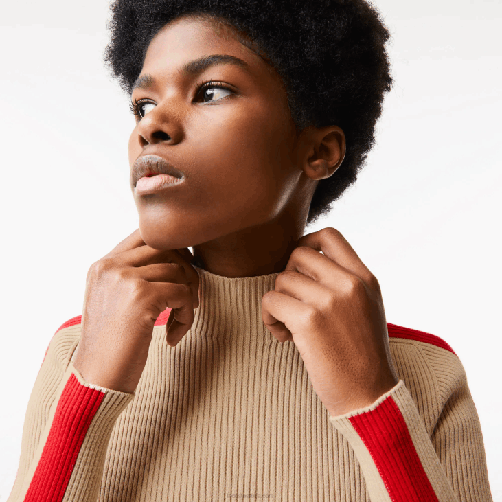 Жене контрастне траке бешавни џемпер 86882657 беж црвена всц Lacoste