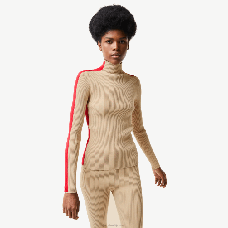 Жене контрастне траке бешавни џемпер 86882657 беж црвена всц Lacoste