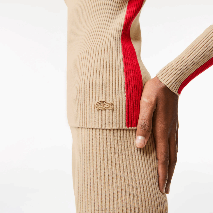 Жене контрастне траке бешавни џемпер 86882657 беж црвена всц Lacoste