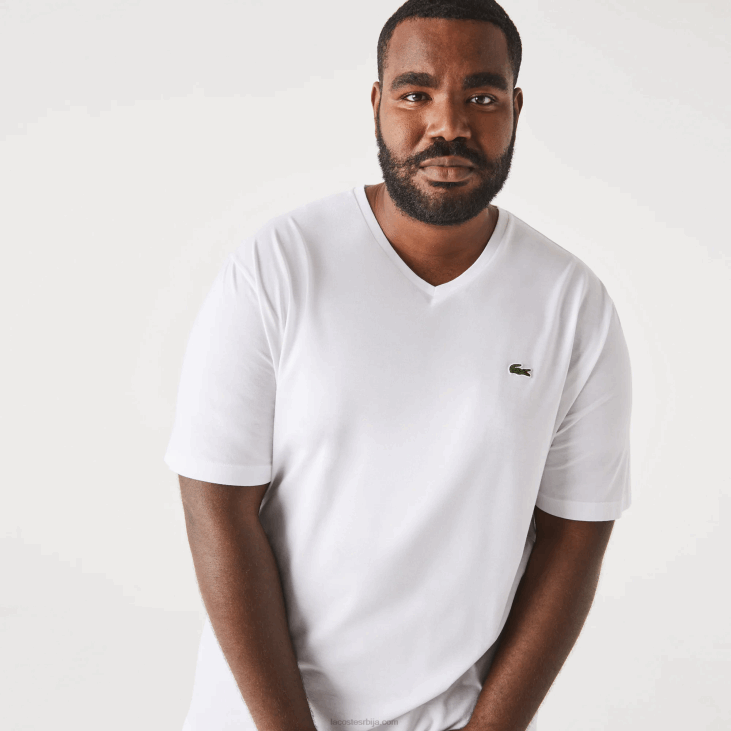 мушкарци памучна поло мајица са ребрастим В-изрезом регуларног кроја (плус величина) 8688707 бела 001 Lacoste