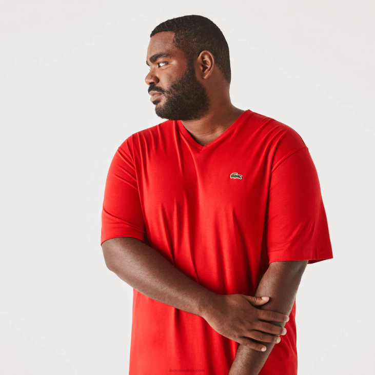 мушкарци памучна поло мајица са ребрастим В-изрезом регуларног кроја (плус величина) 8688709 црвена 240 Lacoste