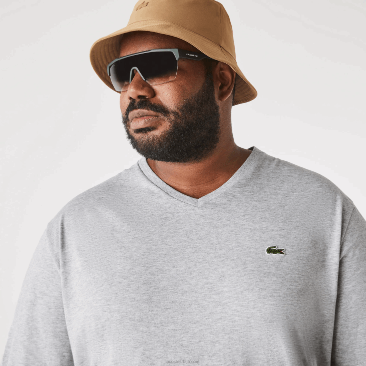 мушкарци памучна поло мајица са ребрастим В-изрезом регуларног кроја (плус величина) 8688765 сиви кине цца Lacoste