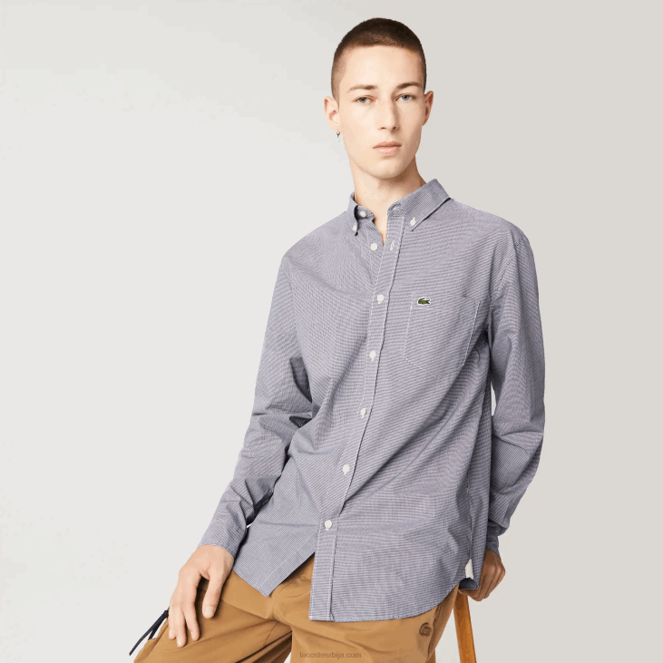 мушкарци обична памучна кошуља од поплина 86881485 бела тамноплава 522 Lacoste