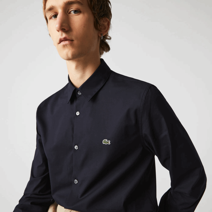 мушкарци слим фит растезљива памучна кошуља од поплина 86881487 тамноплава хде Lacoste