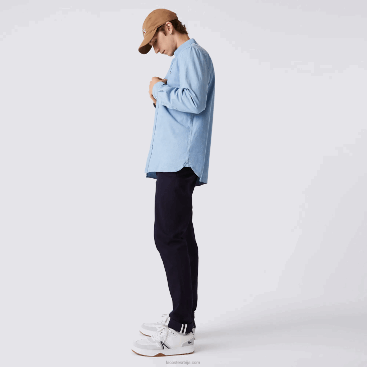 мушкарци уска памучна шамбре кошуља 86881572 блуе уек Lacoste