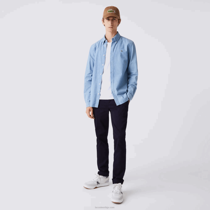 мушкарци уска памучна шамбре кошуља 86881572 блуе уек Lacoste