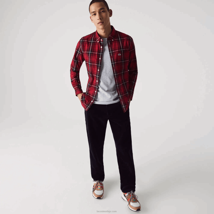 мушкарци слим фит коцкаста растезљива памучна кошуља од поплина 86881612 бордо црно бело ллу Lacoste