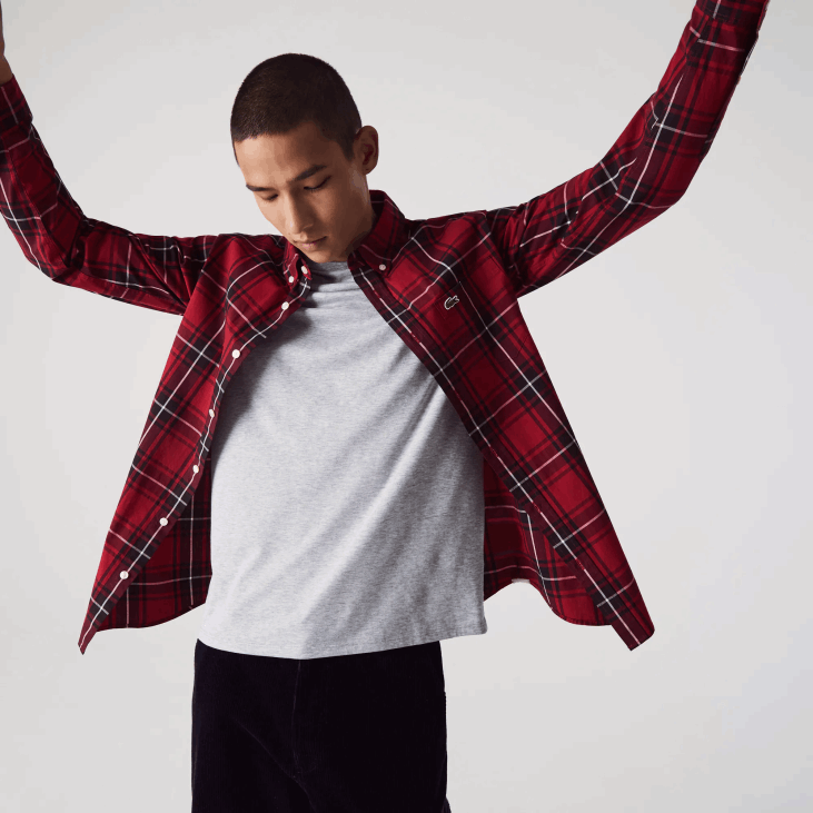 мушкарци слим фит коцкаста растезљива памучна кошуља од поплина 86881612 бордо црно бело ллу Lacoste