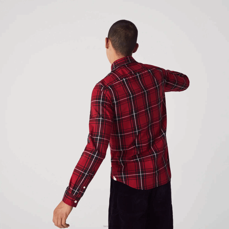 мушкарци слим фит коцкаста растезљива памучна кошуља од поплина 86881612 бордо црно бело ллу Lacoste