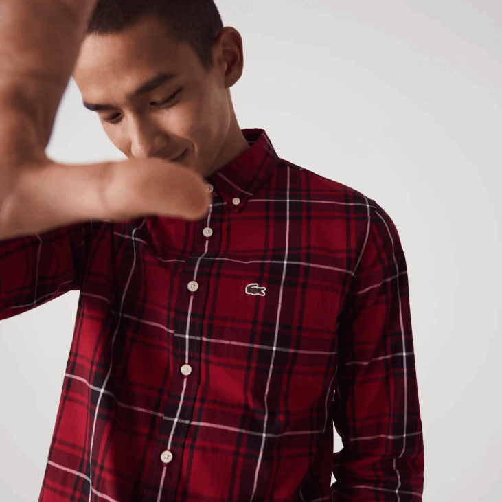 мушкарци слим фит коцкаста растезљива памучна кошуља од поплина 86881612 бордо црно бело ллу Lacoste