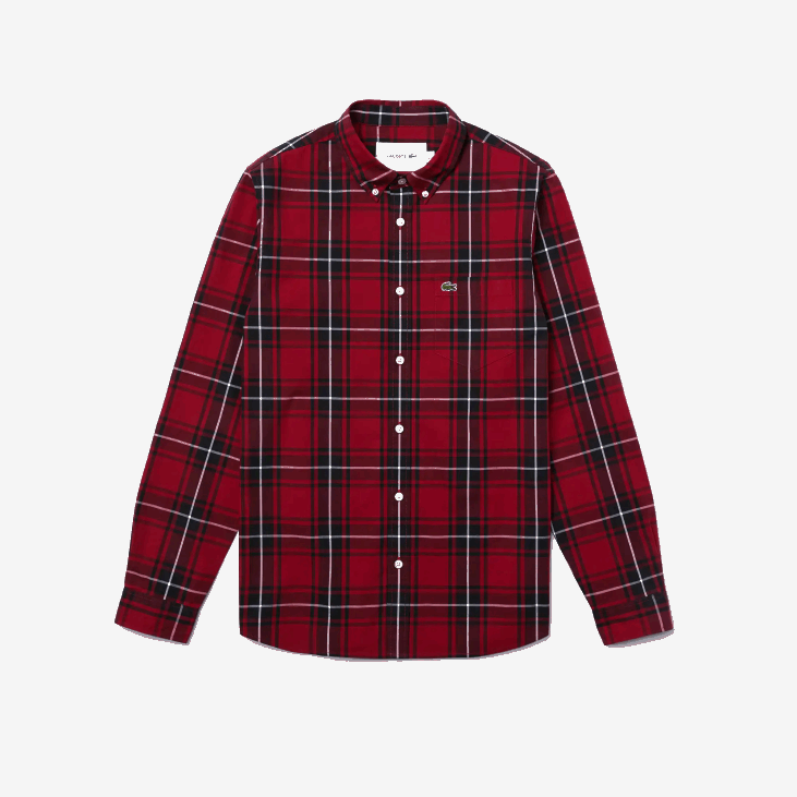мушкарци слим фит коцкаста растезљива памучна кошуља од поплина 86881612 бордо црно бело ллу Lacoste