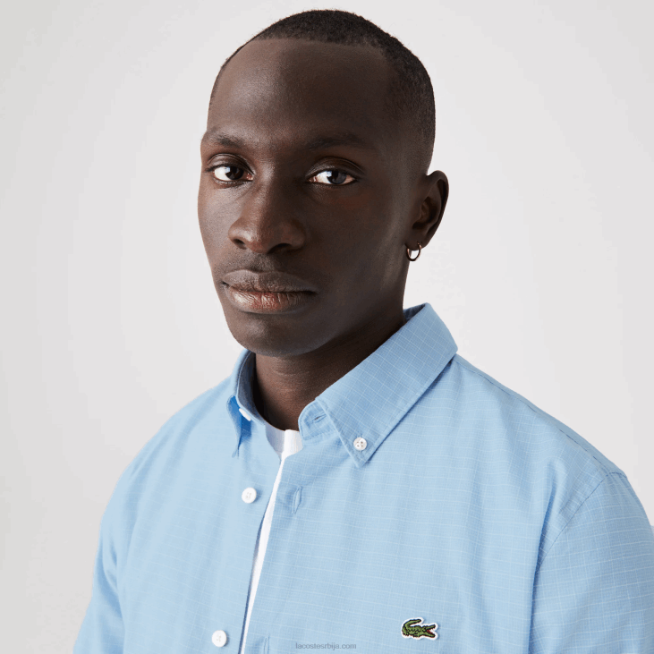 мушкарци уске кариране памучне и ланене кошуље 86881647 плаво бела фв2 Lacoste