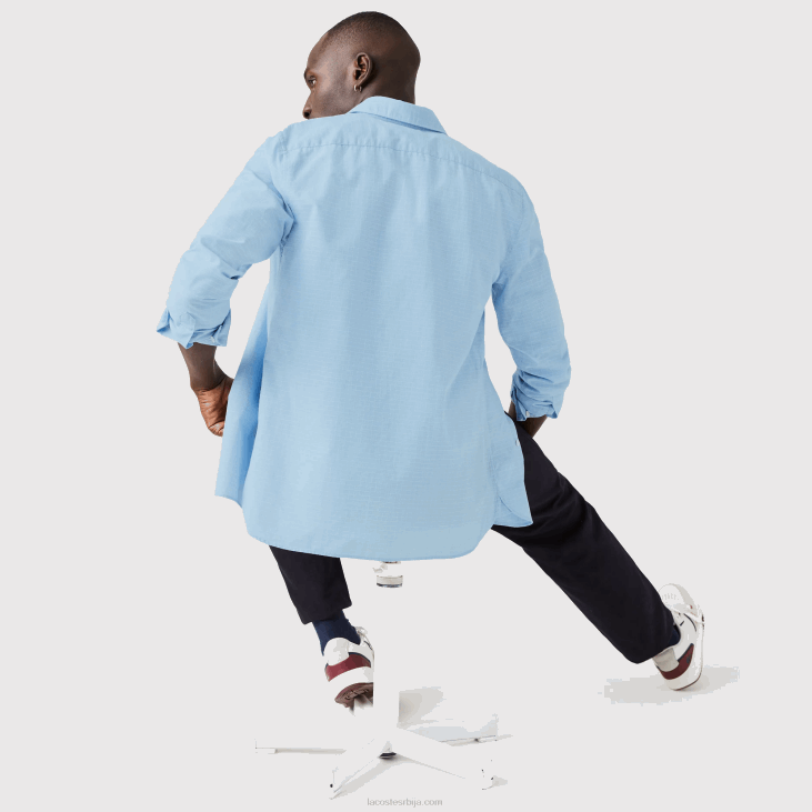 мушкарци уске кариране памучне и ланене кошуље 86881647 плаво бела фв2 Lacoste