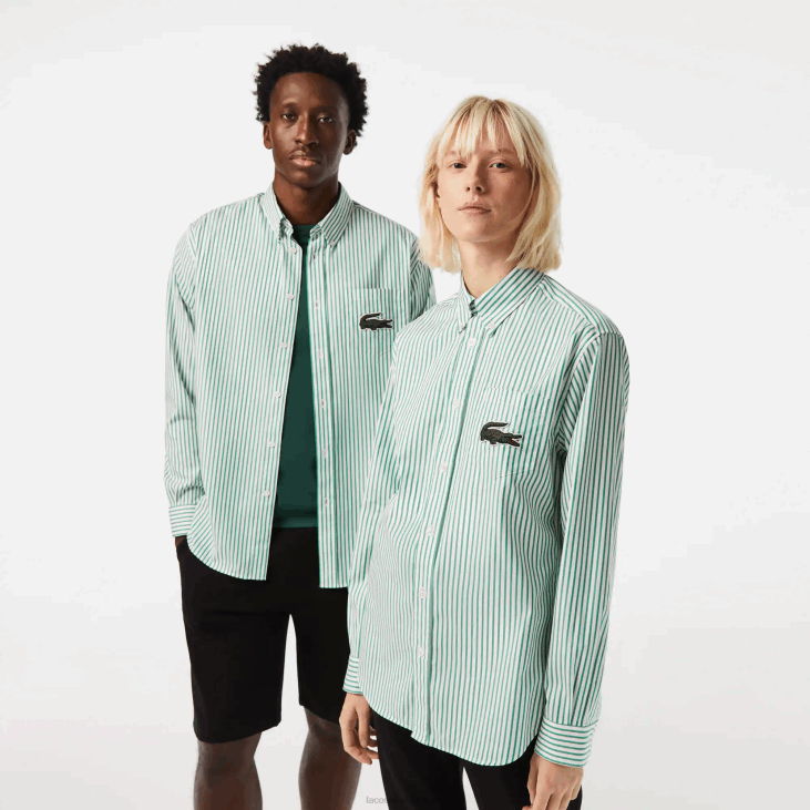 мушкарци опуштена велика памучна кошуља од крокодила 8688411 бело зелено 737 Lacoste