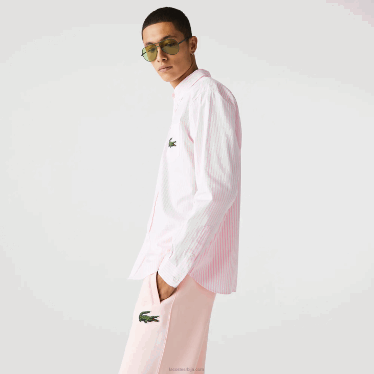 мушкарци опуштена велика памучна кошуља од крокодила 8688412 бела светло розе 7фд Lacoste