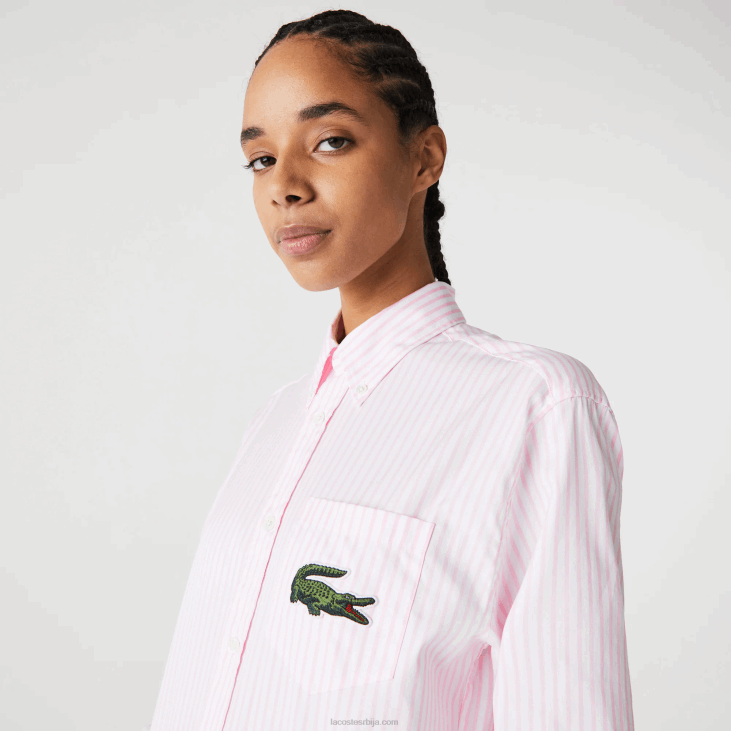 мушкарци опуштена велика памучна кошуља од крокодила 8688412 бела светло розе 7фд Lacoste