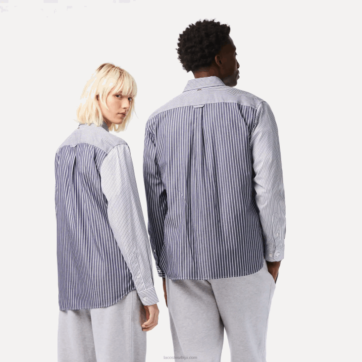 мушкарци велика памучна кошуља на крокодилске пруге 8688493 бела тамноплава 522 Lacoste