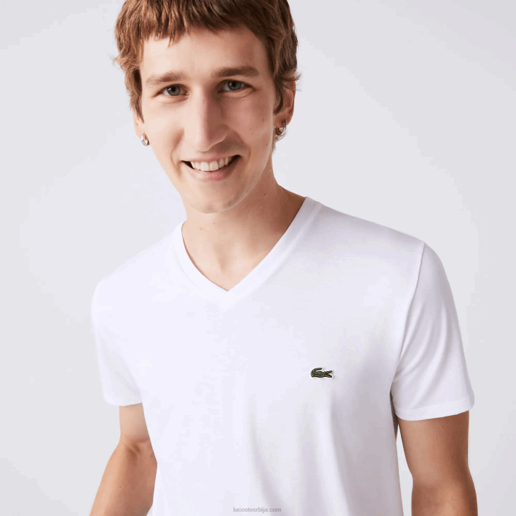 мушкарци Пима мајица од памучног дреса с в-изрезом 868840 бела 001 Lacoste