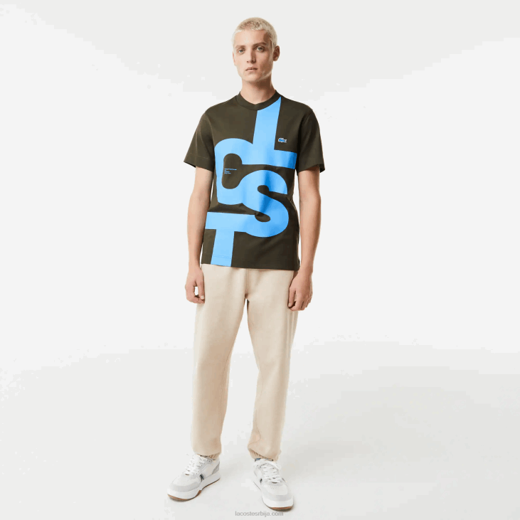 мушкарци памучна мајица нормалног кроја са контрастним словима 8688567 каки зелена с7т Lacoste