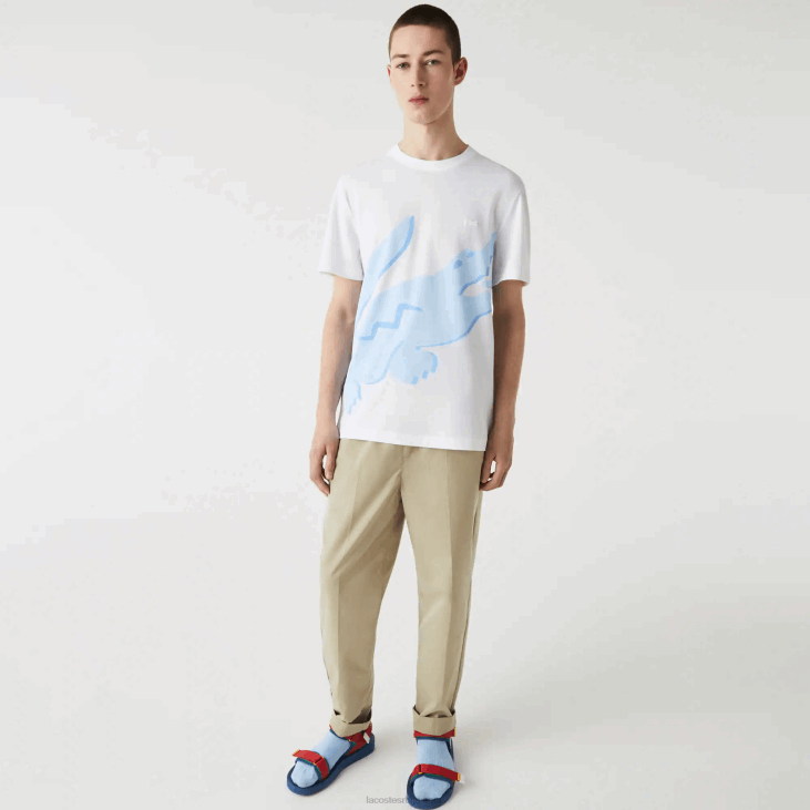 мушкарци Т-схирт од органског памука растезљивог органског памука са крокодилским принтом 8688637 бела 001 Lacoste