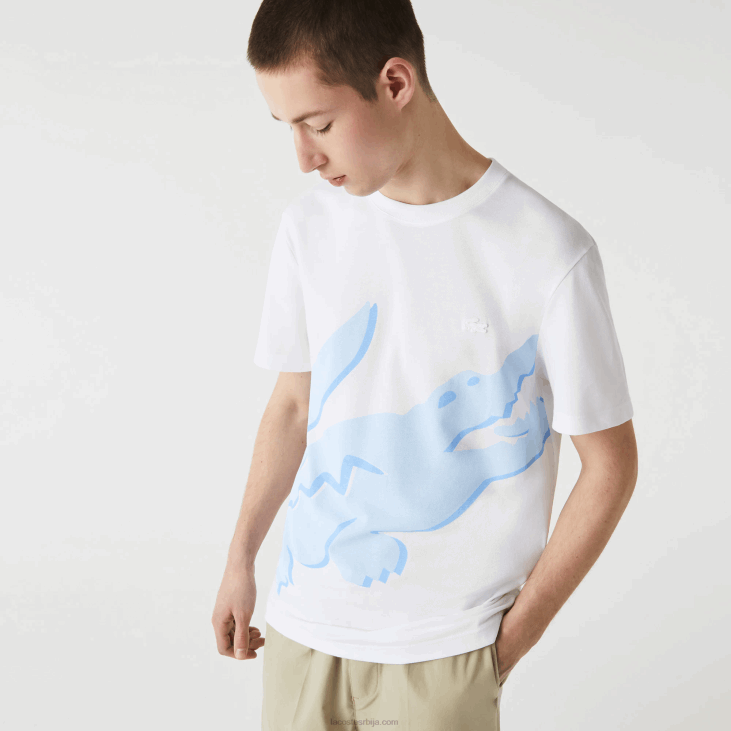 мушкарци Т-схирт од органског памука растезљивог органског памука са крокодилским принтом 8688637 бела 001 Lacoste