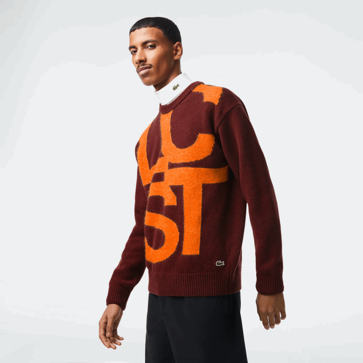 мушкарци вунени џемпер класичног кроја са контрастним словима 86881449 бордо наранџаста 7х7 Lacoste
