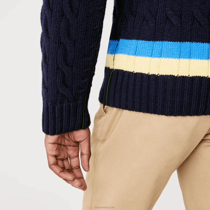 мушкарци класични вунени џемпер са контрастним пругама 86881517 тамноплава жута плава 7кз Lacoste